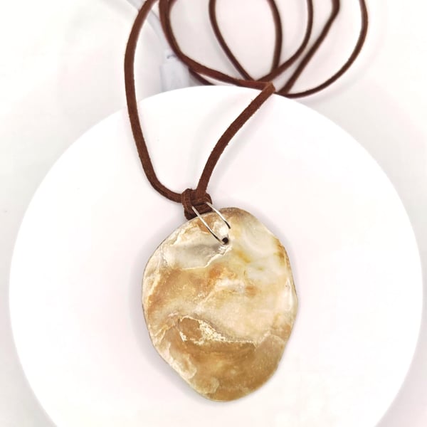 Seashell Pendant Necklace: Brown Suede Cord, Handmade Boho Beach Jewelry
