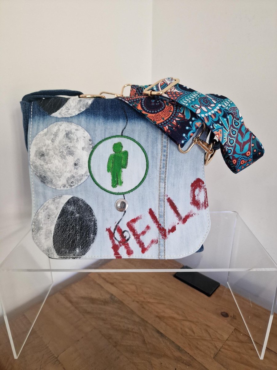 Handmade Alien & Moon Upcycled Denim Crossbody Bag