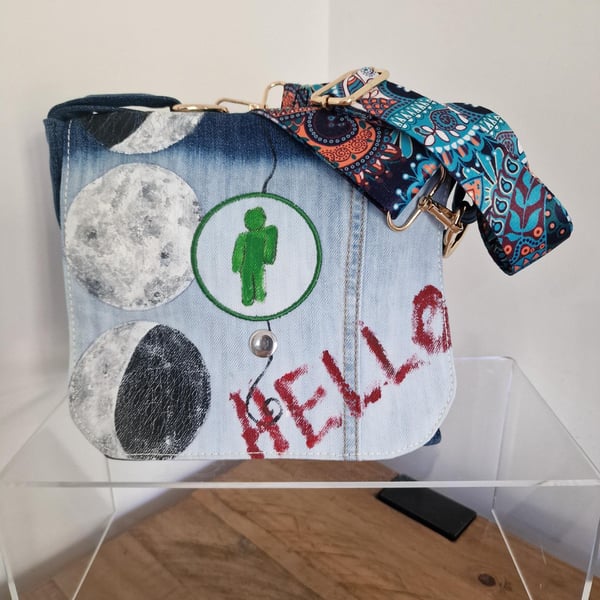 Handmade Alien & Moon Upcycled Denim Crossbody Bag