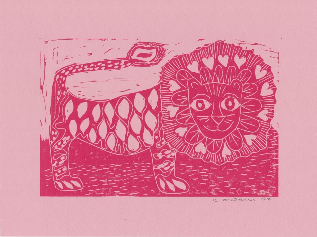 Happy Pink Lion.         Lino Print