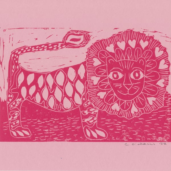 Happy Pink Lion.         Lino Print
