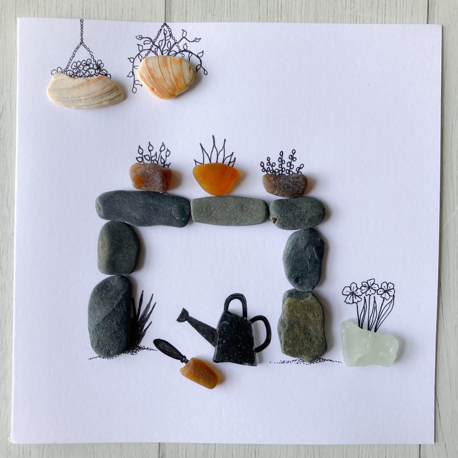 Garden design greeting card made with Cornish beach finds 