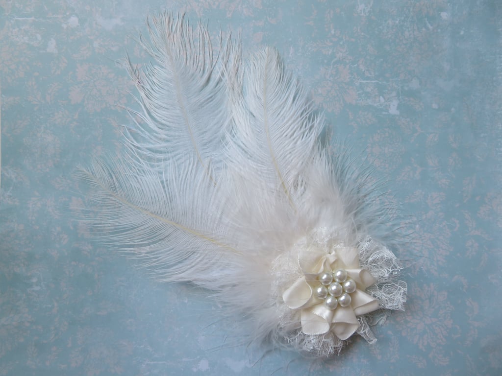Pale Ivory Ostrich Feather Regency Style Bridal Headpiece Fascinator