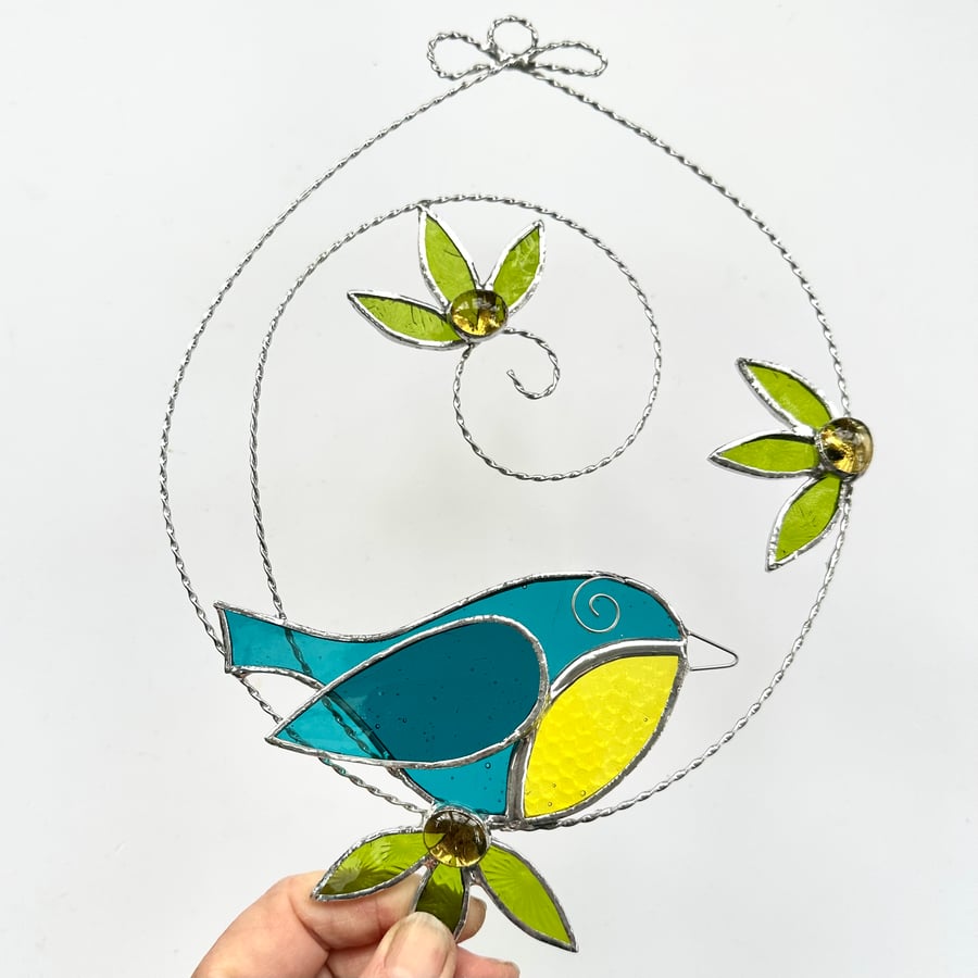 Stained Glass Blue Tit Circle Suncatcher - Handmade Window Decoration