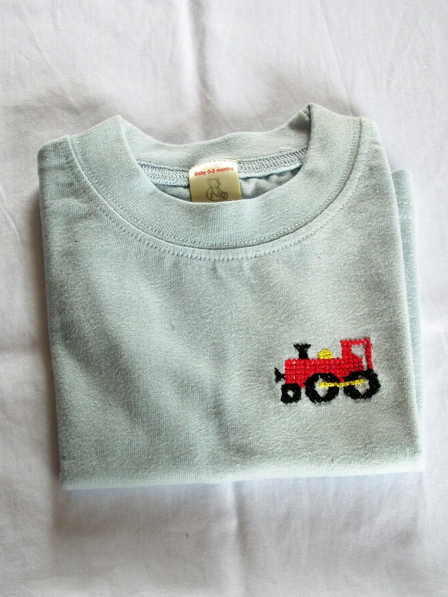 Train, T-shirt, (0-3 months), hand embroidered