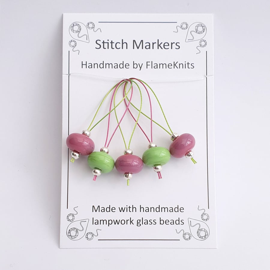 Lampwork Stitch Markers - Wicked Pinks and Greens