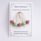 Lampwork Stitch Markers - Wicked Pinks and Greens