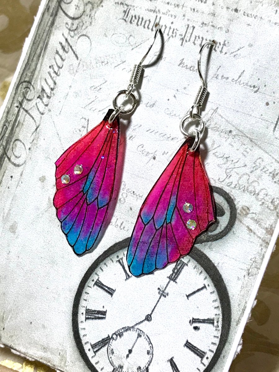 Dainty Colourful Aurora Borealis  Rhinestone Fairy Wing Sterling Silver Earrings