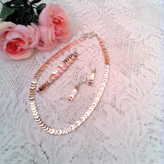 Jewellery Set with Rose Gold and Silver Plated Chevron Metal Beads, Gift for Her