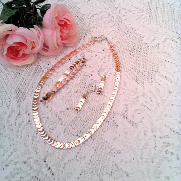 Jewellery Set with Rose Gold and Silver Plated Chevron Metal Beads, Gift for Her
