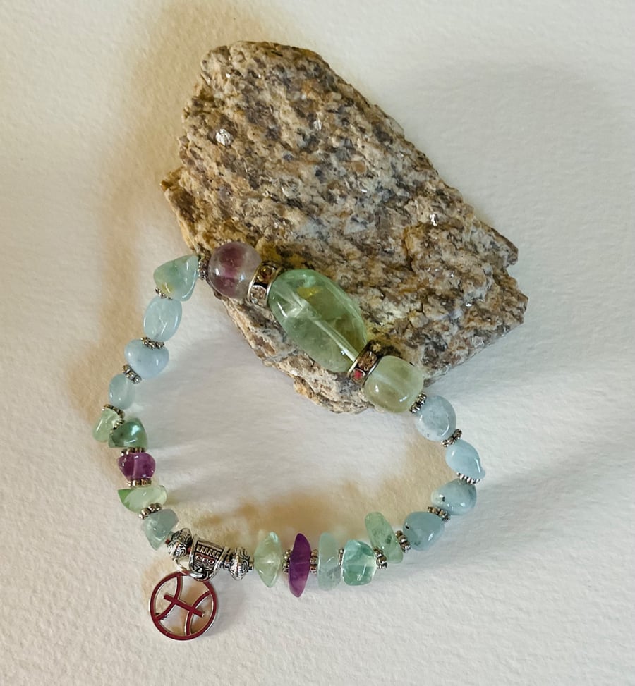 Pisces March birthday charm bracelet featuring aquamarine beads