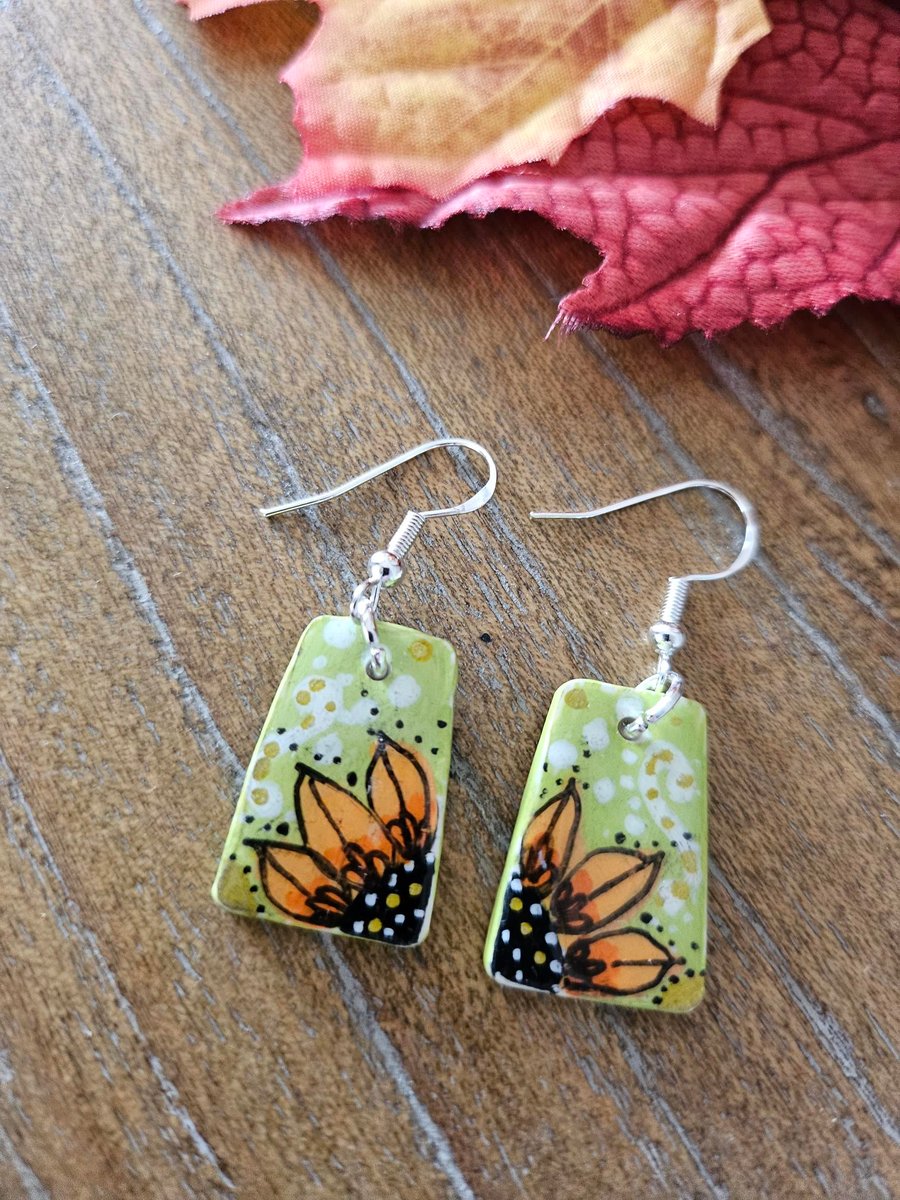 Handmade Earrings  Hand-painted Pretty Sunflowers Polymer Clay  Unique Gift 