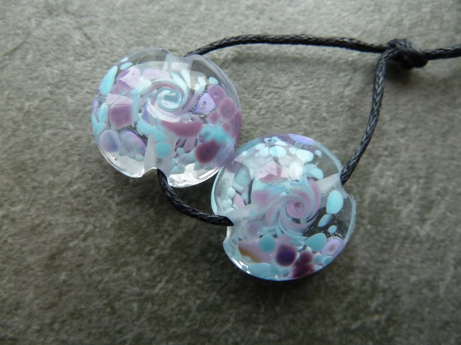 handmade lampwork glass beads, blue frit pair