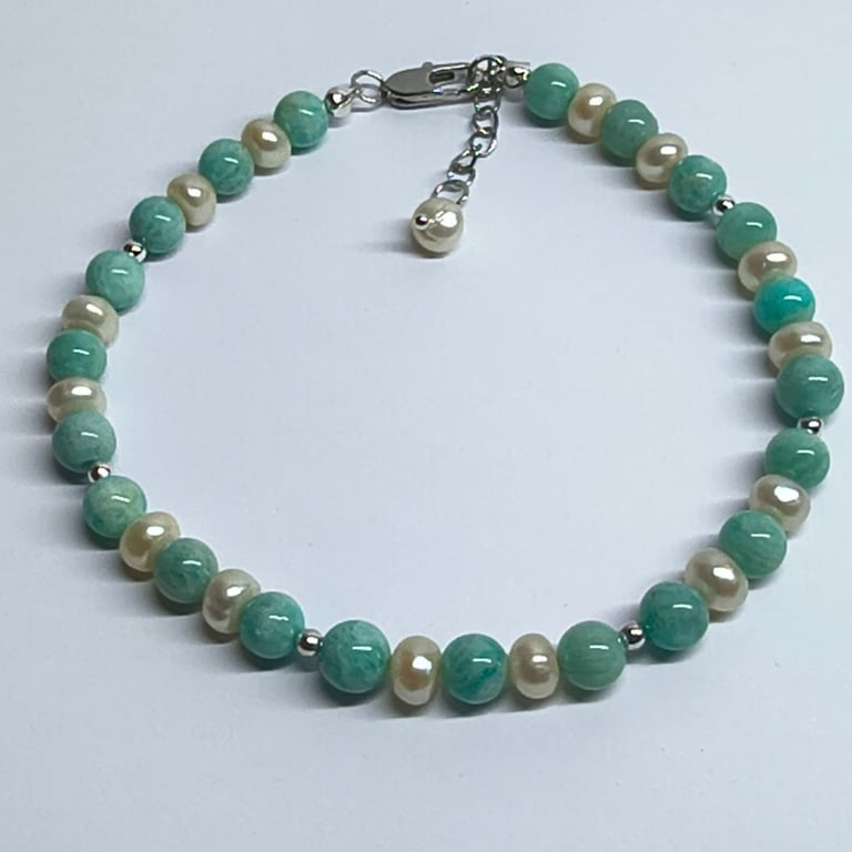 Limited Edition Amazonite & Freshwater Pearl Bracelet Handmade Silver Tone