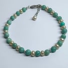 Limited Edition Amazonite & Freshwater Pearl Bracelet Handmade Silver Tone
