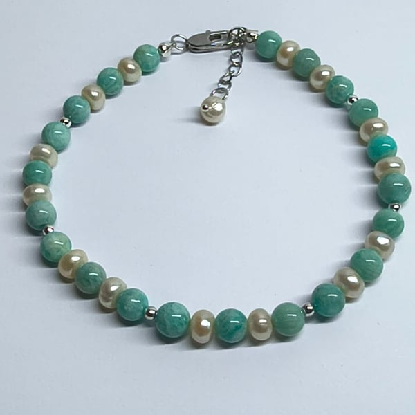 Limited Edition Amazonite & Freshwater Pearl Bracelet Handmade Silver Tone