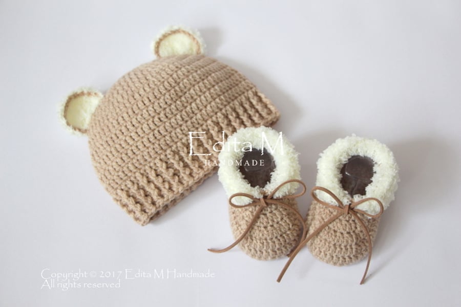 Unisex baby set, crochet baby set, baby shoes, baby hat, beanie