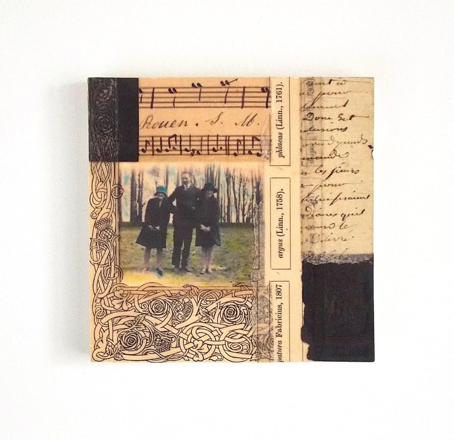 Vintage Paper Collage on Wood Panel, 12x12cms, Free UK Postage (202)