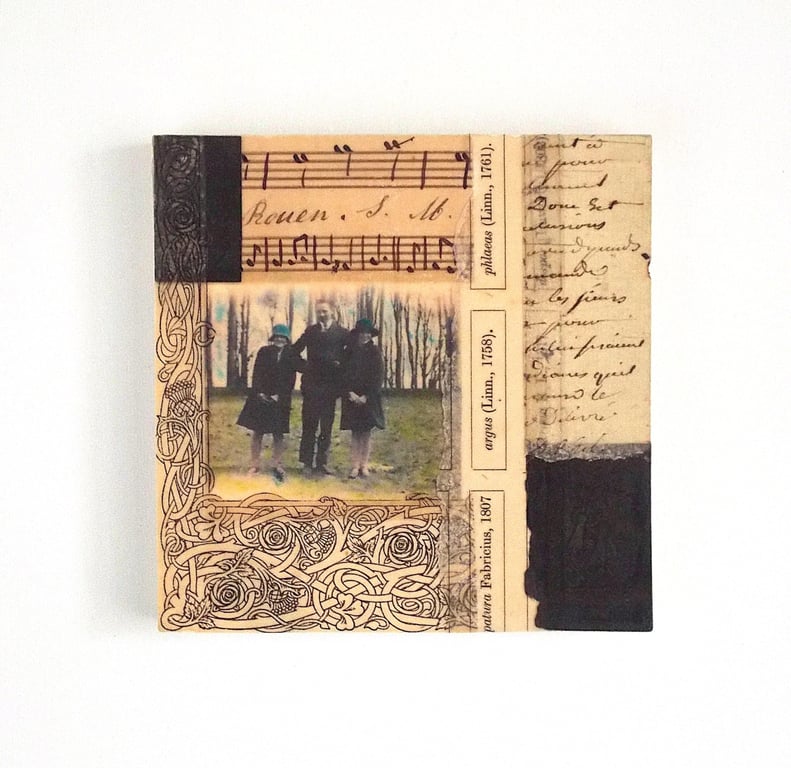 Vintage Paper Collage on Wood Panel, 12x12cms, Free UK Postage (202)