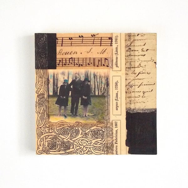 Vintage Paper Collage on Wood Panel, 12x12cms, Free UK Postage (202)
