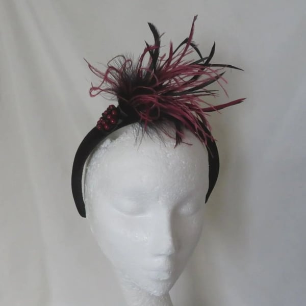 Burgundy and Black Feathered and Beaded Velvet Regency Style Bandeau Headband