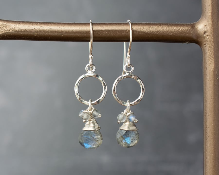 Labradorite Gemstone Cluster Earrings, Silver Dangle Earrings