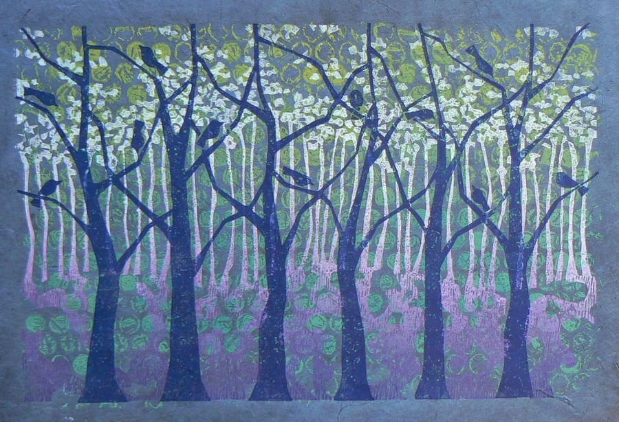 Oak Wood on blue linocut and monoprint