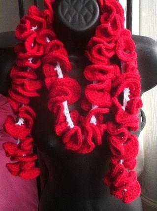Handmade crochet ruffle scarf in red & white