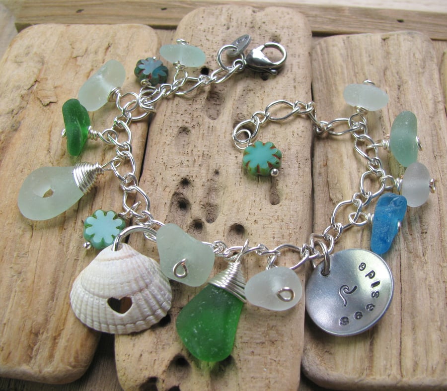 Natural sea glass, shell and czech bead charm bracelet