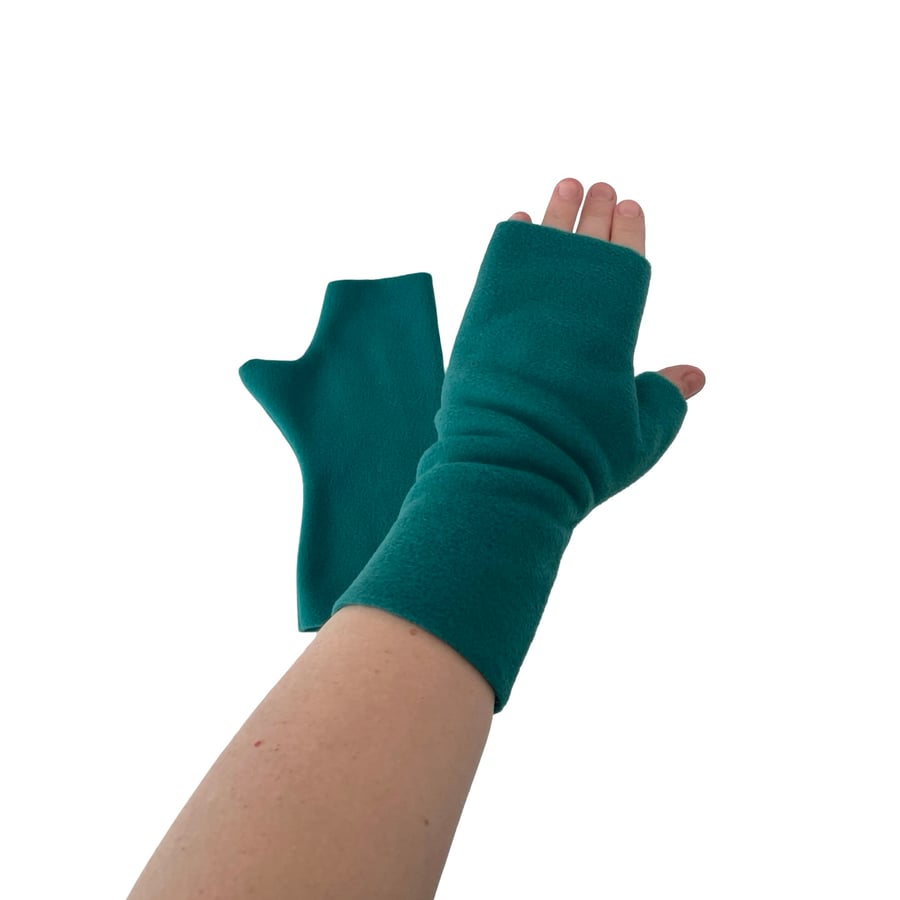 Teal blue fingerless wrist warmer gloves Warm texting gloves Fleece mittens