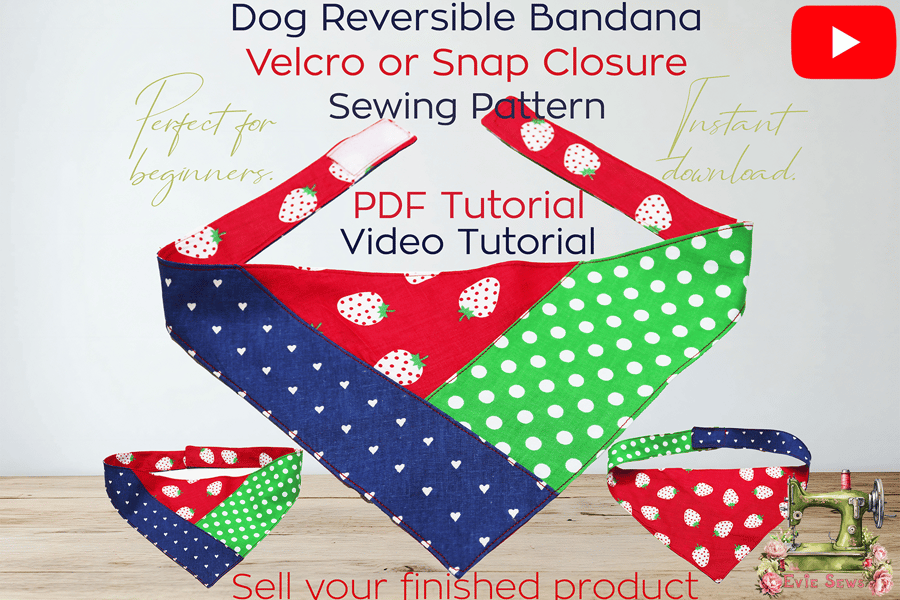 Dog Velcro or Snaps Bandana Sewing Pattern with Video Tutorial - DIY Reversible 