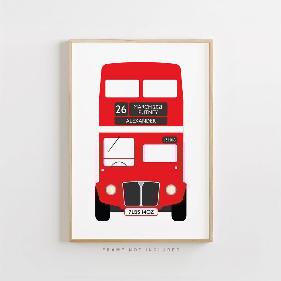 Personalised London Bus Print – Custom Baby Name & Birth Details Wall Art