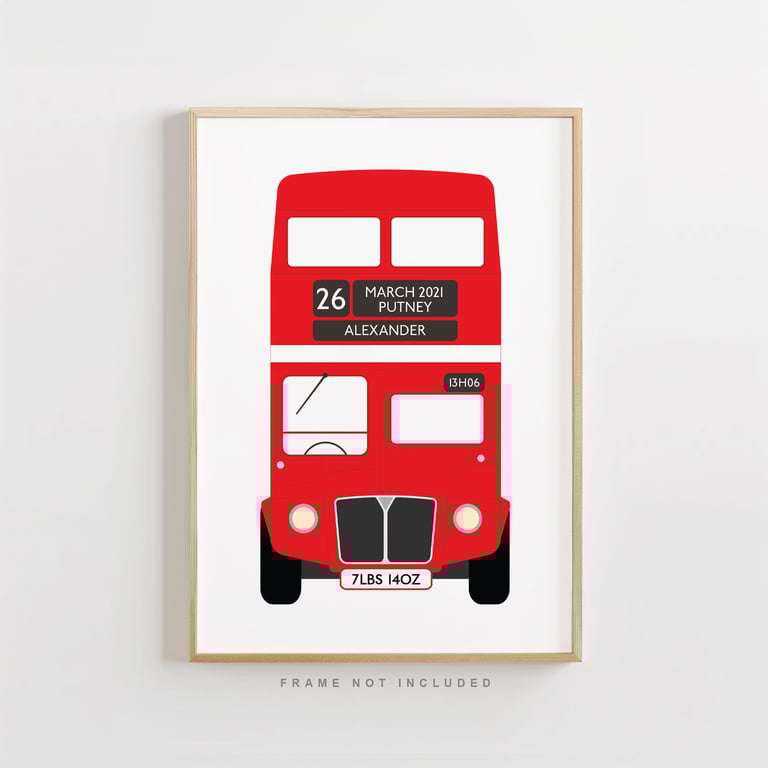 Personalised London Bus Print – Custom Baby Name & Birth Details Wall Art