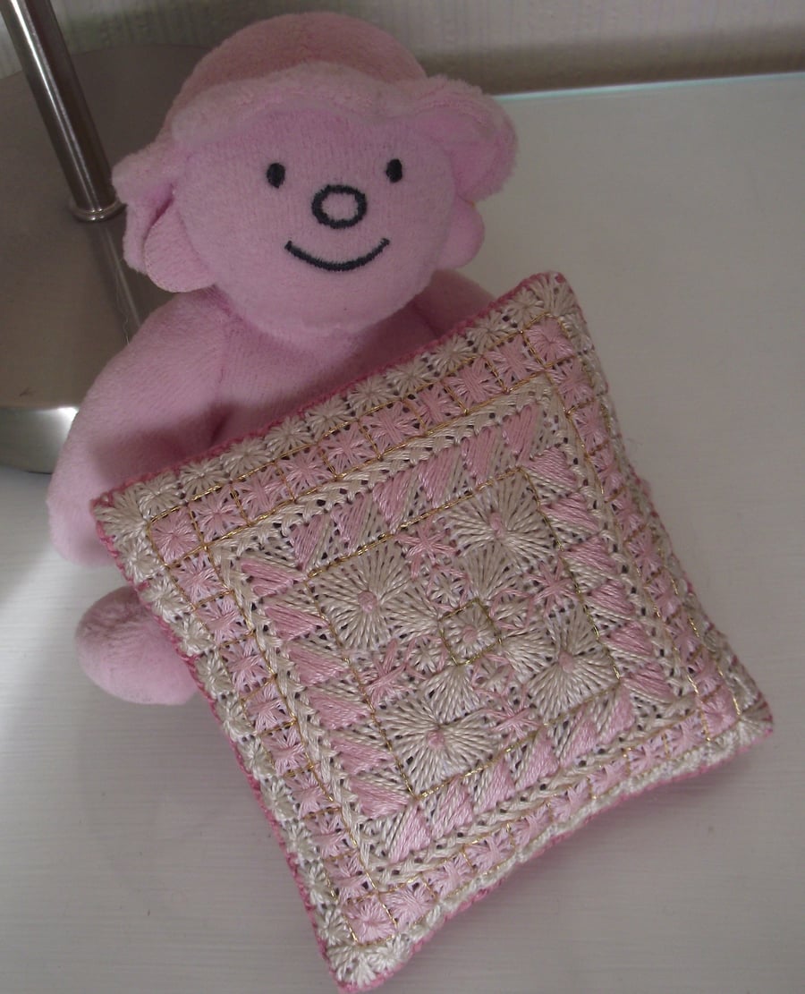 Beautiful pale pink canvas work and wool felt pin cushion