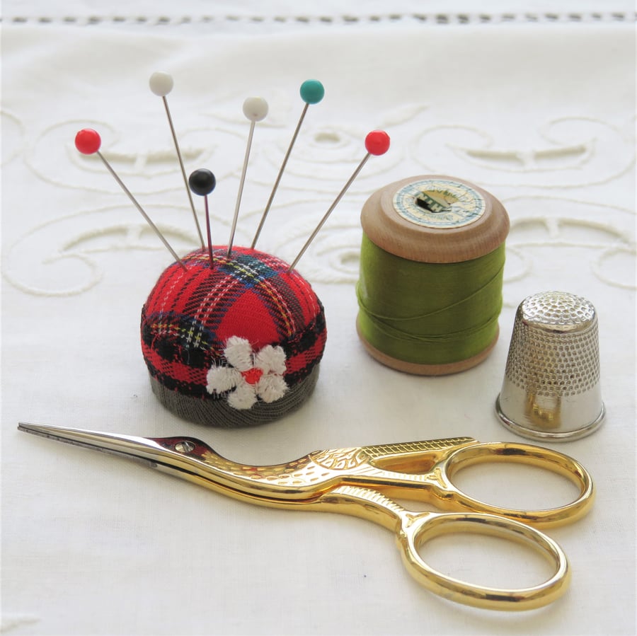 Very Tiny Red Tartan Pincushion from recycled materials