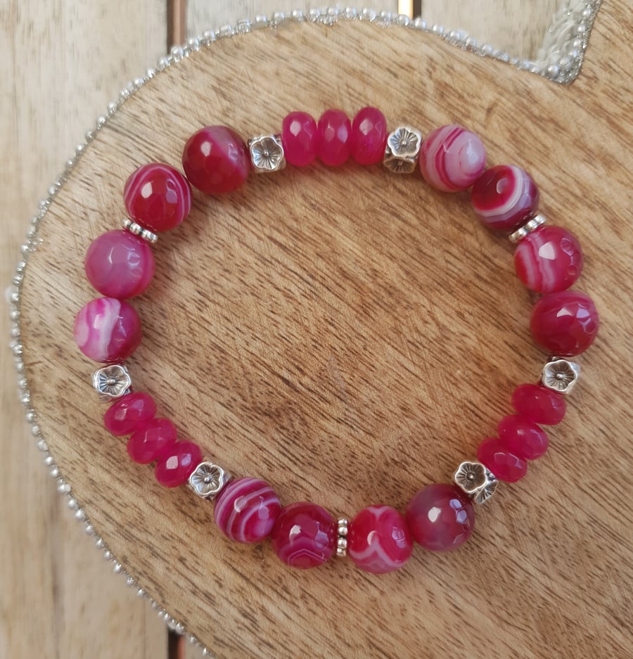 Elasticated Bracelet - Striped Agate & Natural Stone - Fuchsia Floral