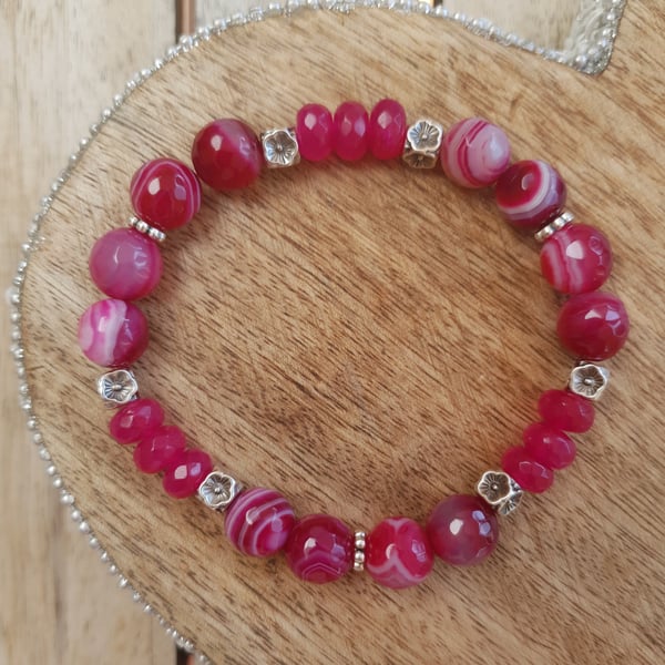 Elasticated Bracelet - Striped Agate & Natural Stone - Fuchsia Floral