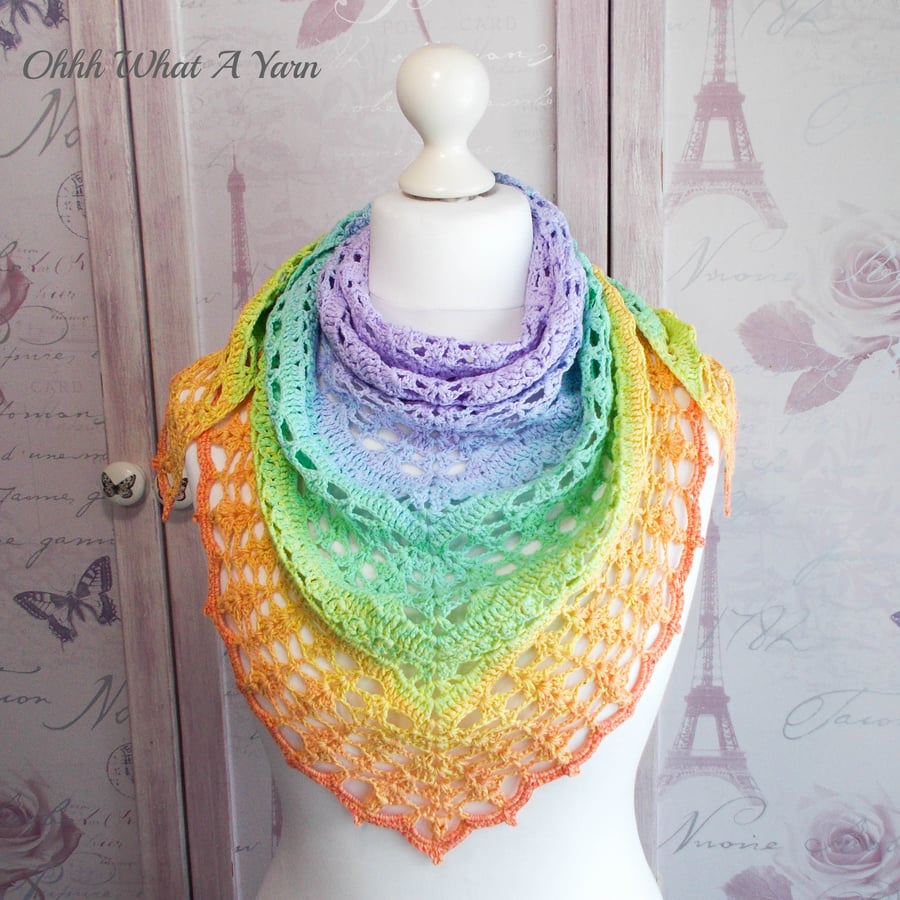 Seconds Sunday end of line. Pastel 100% cotton lace triangle shawl, scarf.