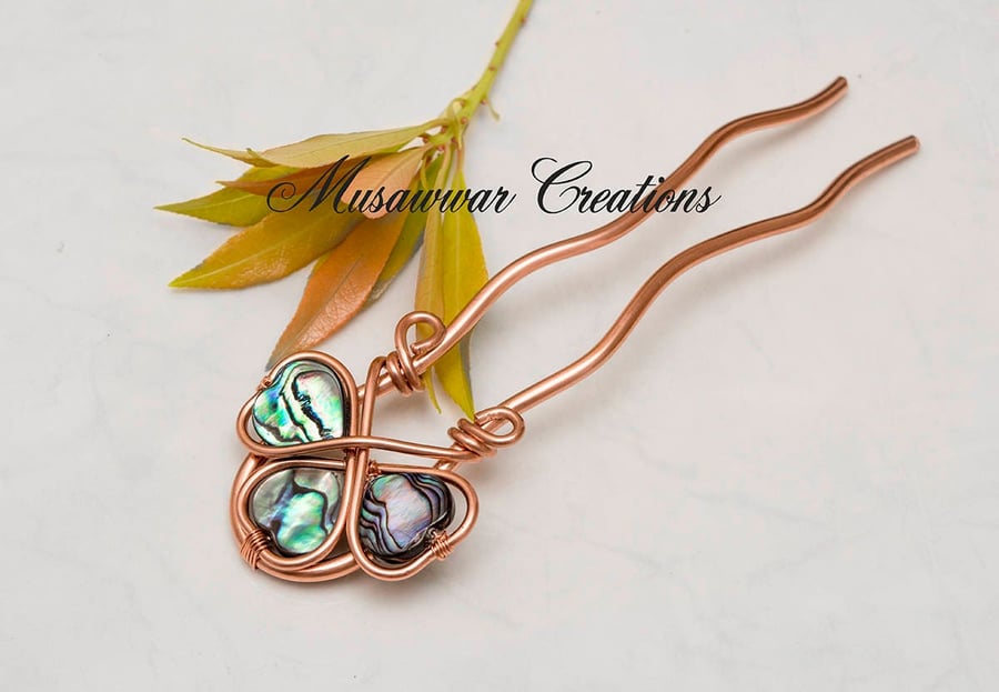 Abalone Copper Hair Fork,Three Leaf Clover Hair Pin,Wire Wrapped Copper