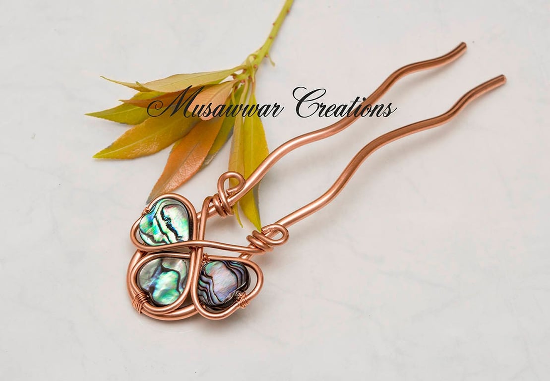 Abalone Copper Hair Fork,Three Leaf Clover Hair Pin,Wire Wrapped Copper
