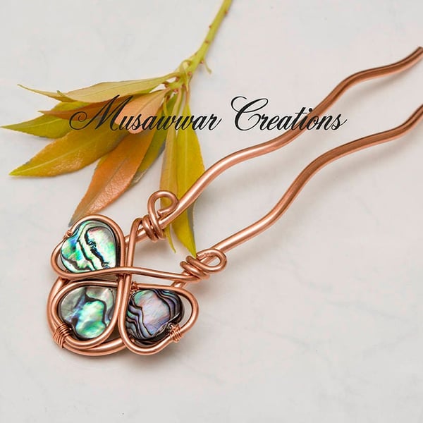 Abalone Copper Hair Fork,Three Leaf Clover Hair Pin,Wire Wrapped Copper