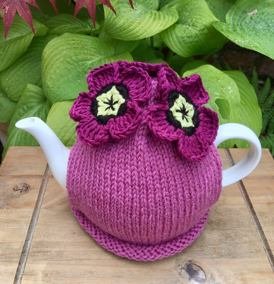 Magenta Flower Tea Cosy, Floral Tea Cozy