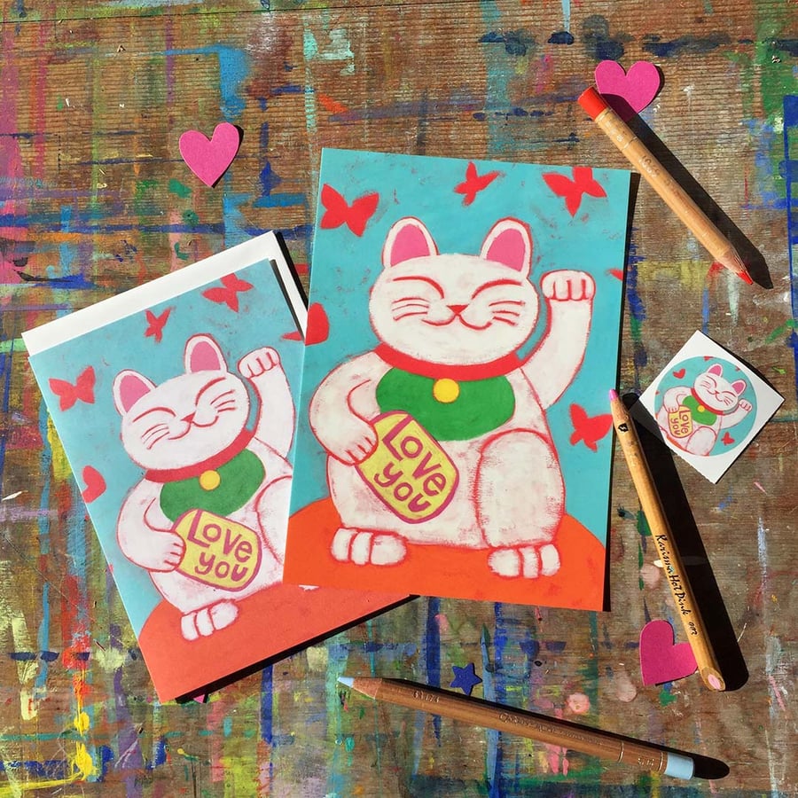 Lucky Cat Mini Art Print-card-sticker Bundle by Jo Brown