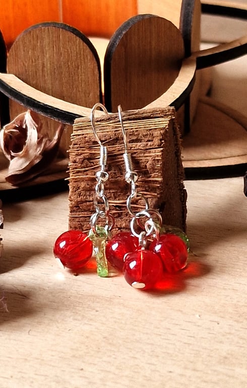 Redcurrant Glass Bead & Silver Drop Earrings - Fruit Novelty Earrings - Fun Gift