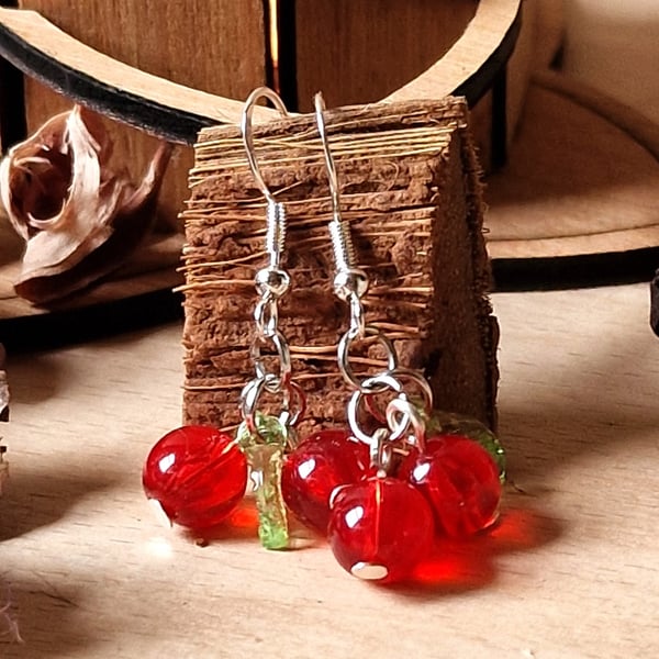 Redcurrant Glass Bead & Silver Drop Earrings - Fruit Novelty Earrings - Fun Gift
