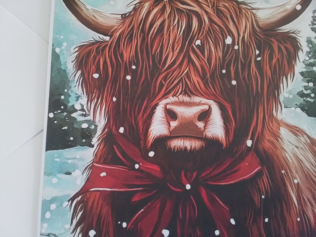 Christmas card. Highland cattle. Highland cow. Ref 493