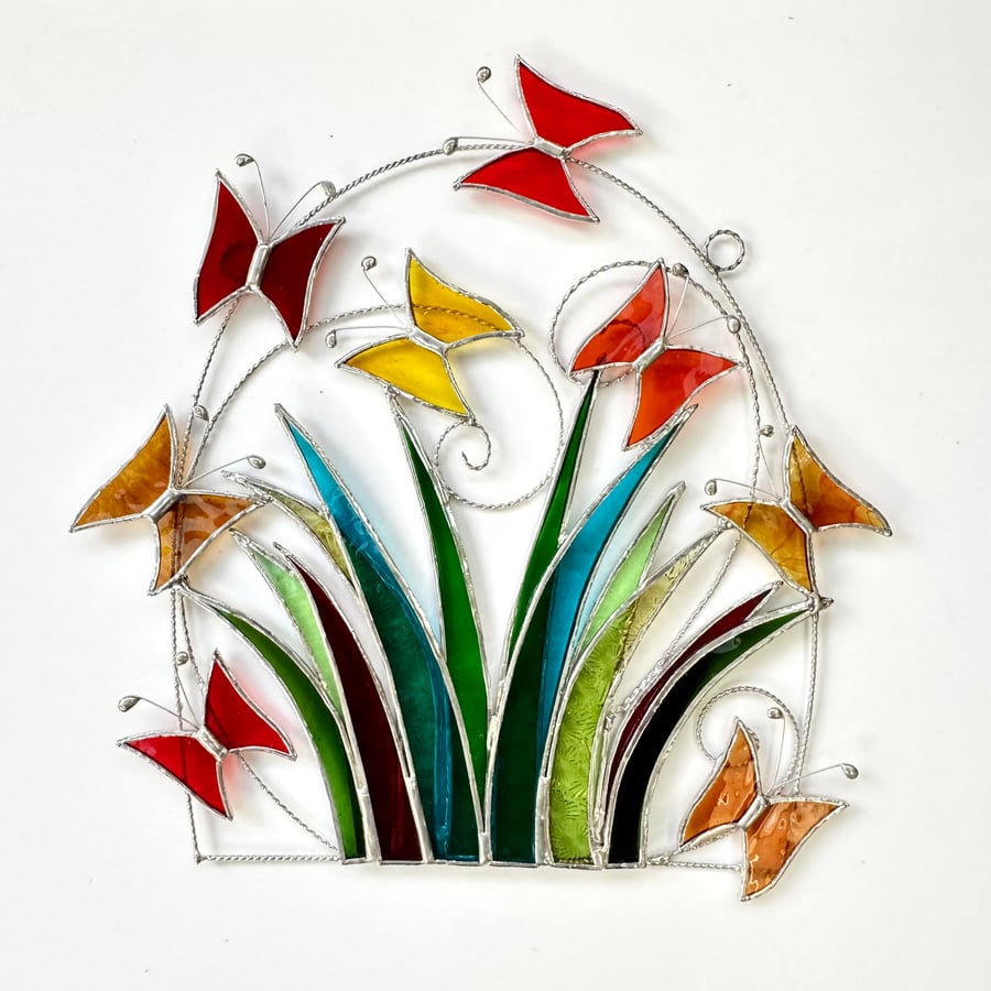 Stained Glass Butterfly Meadow Suncatcher - Handmade Window Decoration 