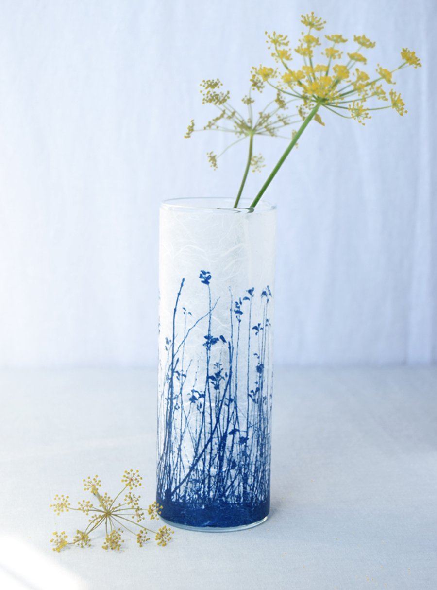 Blue and White Meadow Cyanotype Tall Cylinder Vase