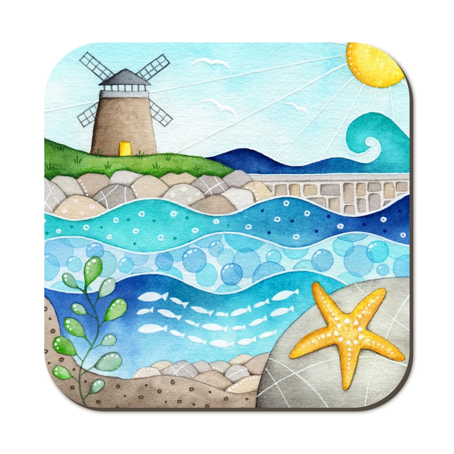 Windmill Coaster. Cute Seaside Watercolour Painting. St Monans East Neuk of Fife