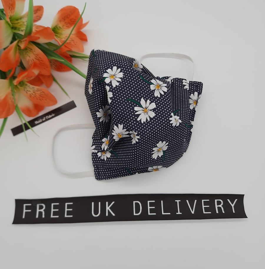 Face mask,  medium, 3 layer,  washable, in navy daisy.  